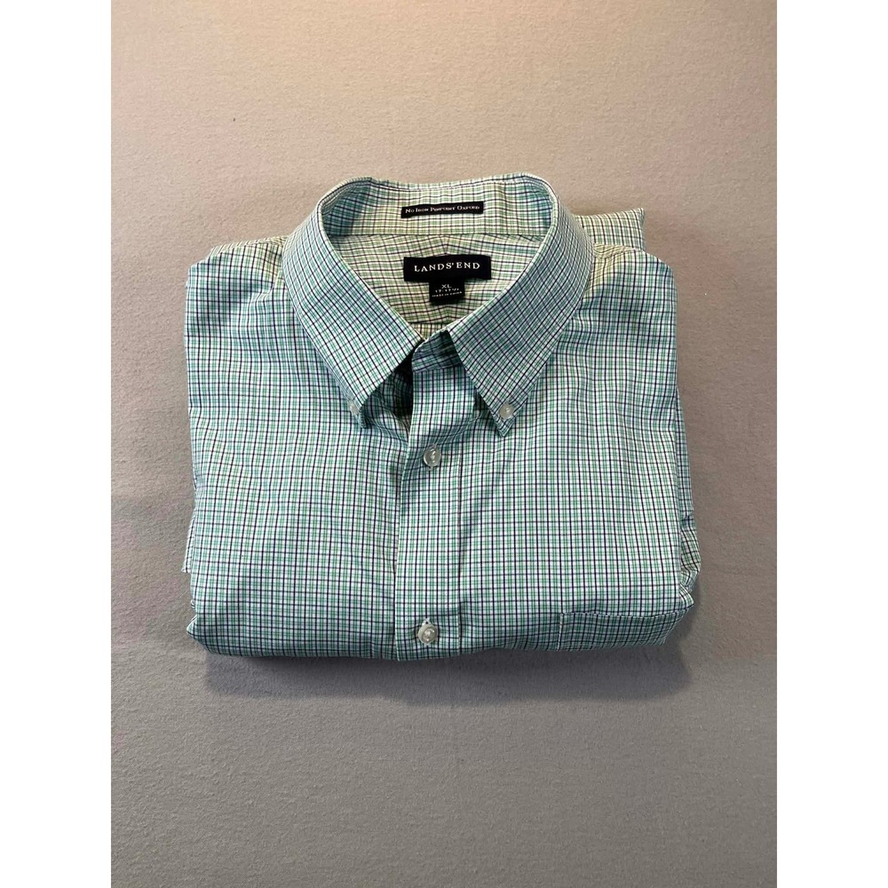 Lands End Mens XL No Iron Oxford Shirt Green Blue Check Button Down - Picture 2 of 11